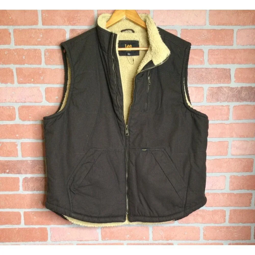 Lee Workwear Sherpa Lined Jacket Vest Mens Size XL Brown Canvas Pockets gorpcore